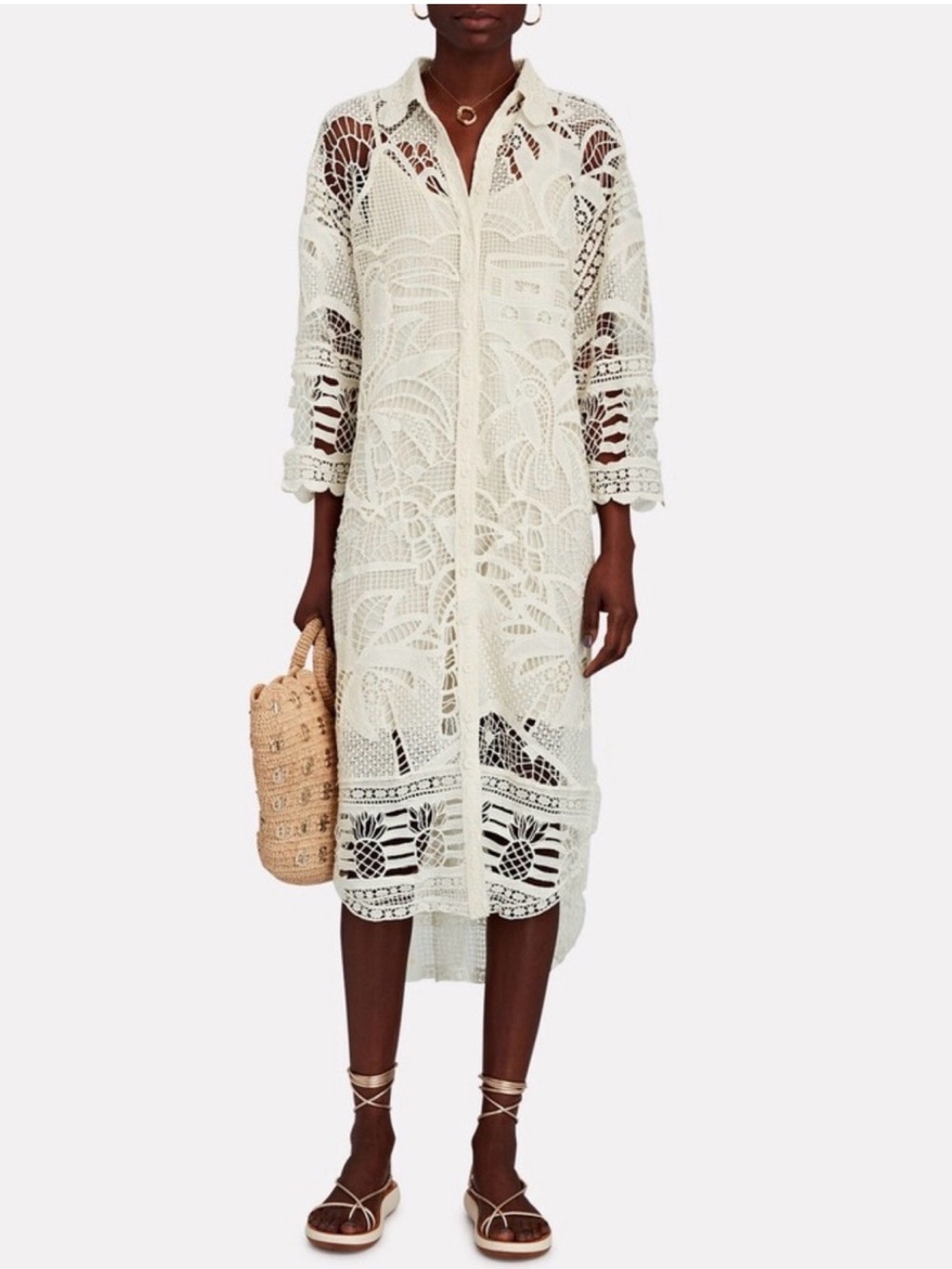 Farm Rio Guipure Ivory Lace Crochet Midi Dress Oversized Swim Coverup Size Small - Picture 1 of 10